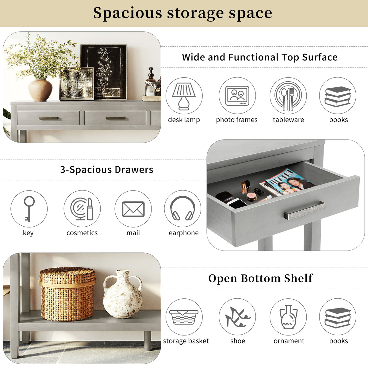 U_STYLE 59.1'' Farmhouse Entryway Table with 3 Drawers, photo 4 of 10
