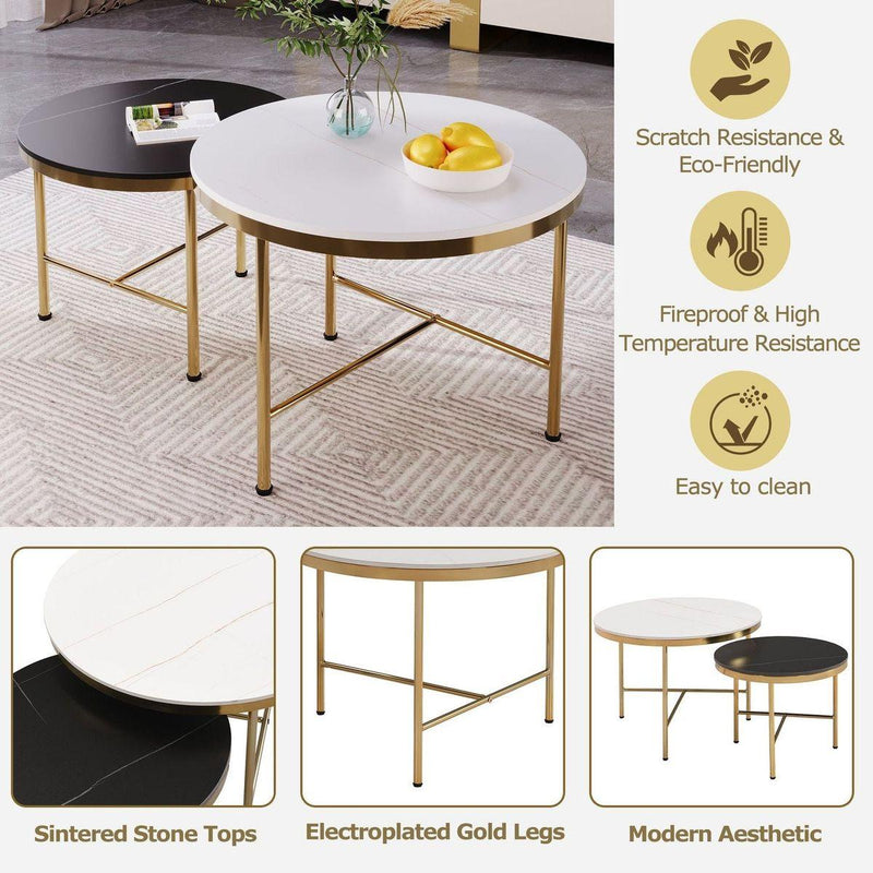 Modern Round Nesting Coffee Table Set 2-Piece Black & White Sintered Stone Top Gold Base in 23.6"&17.7"