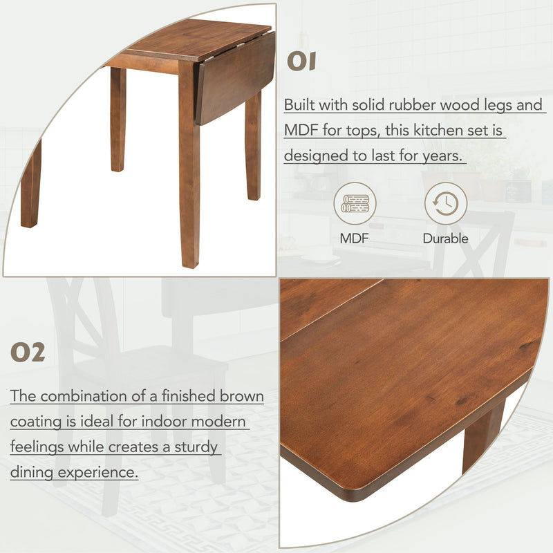 3-Piece Wood Drop Leaf Breakfast Nook Dining Table Set with 2 X-back Chairs for Small Places, Brown