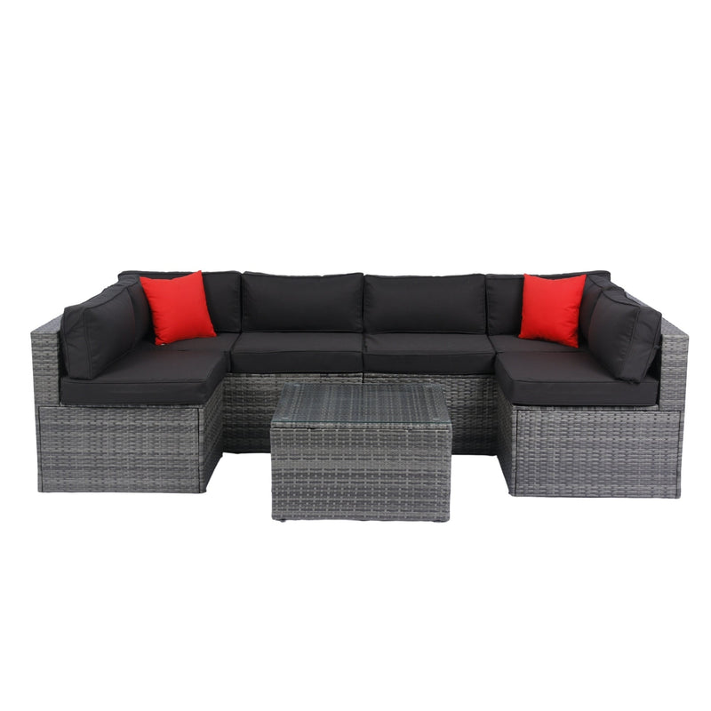 5 Pieces PE Rattan sectional Outdoor Furniture Cushioned U Sofa set with 2 Pillow Grey wicker + Black Cushion