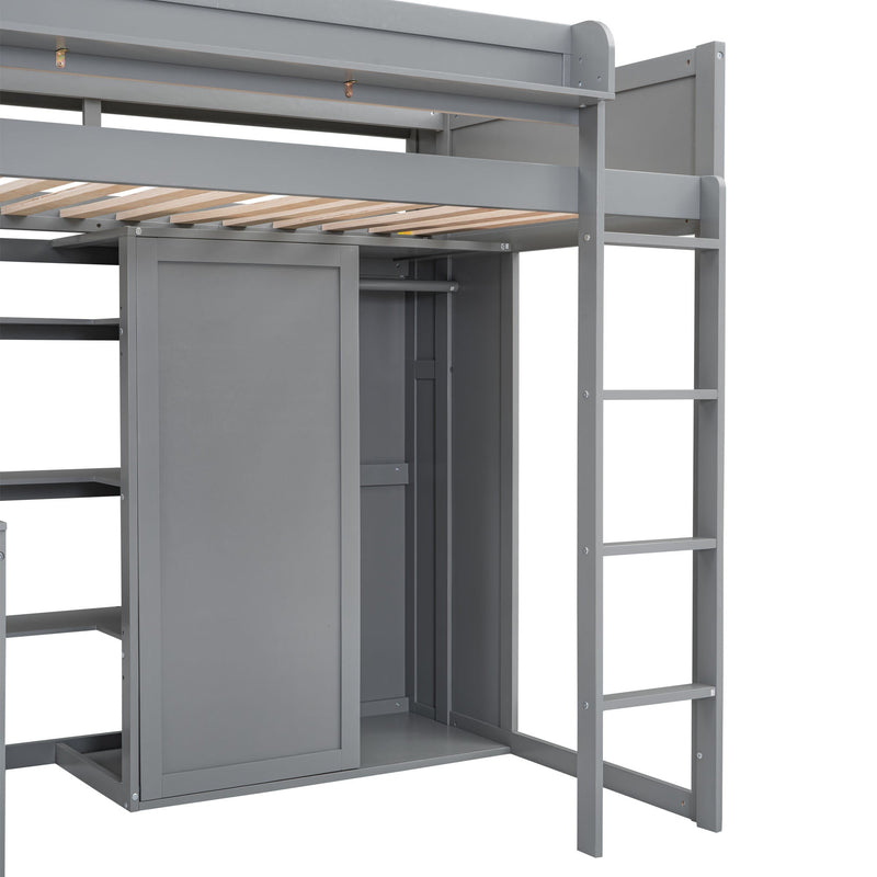 Walker Edison | Wood Twin Size Loft bed with Storage and Wardrobe