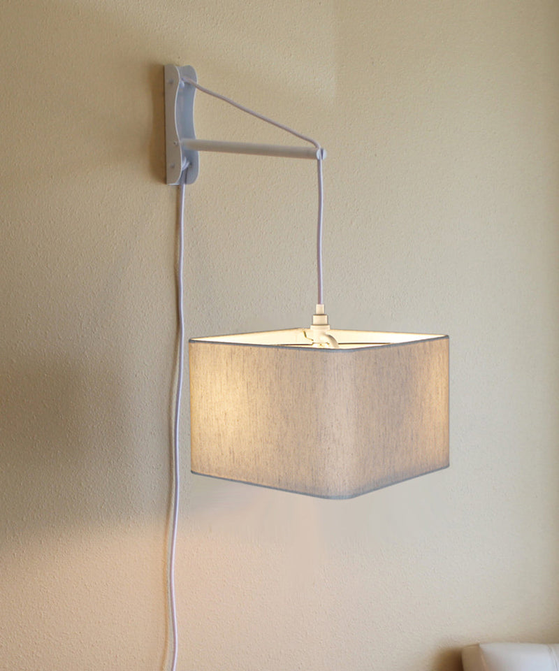 MAST Plug-In Wall Mount Pendant, 2 Light White Cord/Arm with Diffuser, Rounded Corner Square Oatmeal Drum Shade 14"W