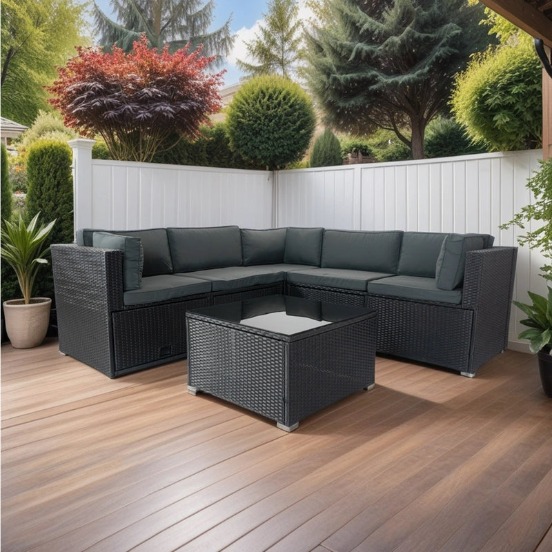6 Pieces PE Rattan sectional Outdoor Furniture Cushioned Sofa Set with 3 Storage Under Seat Black Wicker + Dark Grey Cushion