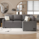 83" L-Shaped Pull Out Sofa Bed Modern Convertible Sleeper Sofa with 2 USB ports, 2 Power Sockets and 3 Pillows for Living Room, Bedroom, Office, Brown