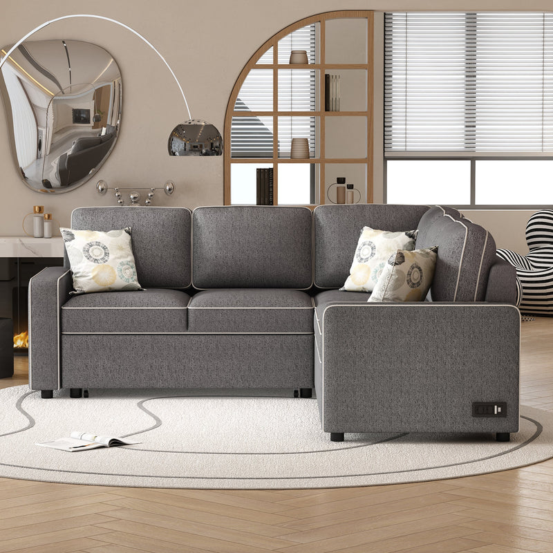 83" L-Shaped Pull Out Sofa Bed Modern Convertible Sleeper Sofa with 2 USB ports, 2 Power Sockets and 3 Pillows for Living Room, Bedroom, Office, Brown