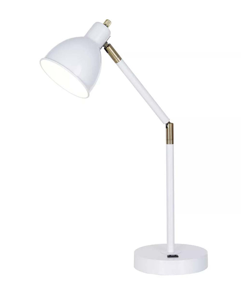 Cresswell 23"H 1-Light Ariculating Adjustable Mid-Century Metal Desk Lamp with Power Outlet, White Finish