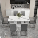 A simple dining table. A dining table with a white marble pattern. 6 PU synthetic leather high backrest cushioned side chairs with C-shaped silver metal legs. DT-SQ-16090-wh
