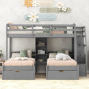 Twin Over Twin & Twin Bunk Bed With Drawers, Staircase Storage, Built In Shelves - Gray by HouseOfZazla