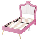 Twin Size Upholstered Bed Frame with LED Lights, Modern Upholstered Princess Bed With Crown Headboard,White+Pink