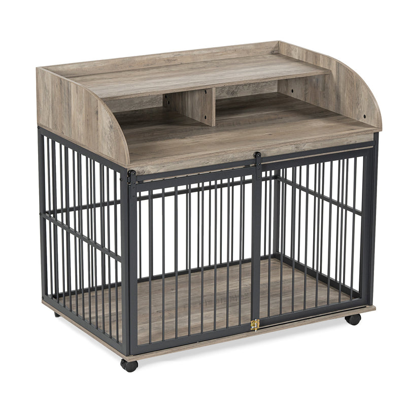 44" Heavy Duty Large Dog Crate Furniture for Large Medium Dog with Lockable Wheels, Wooden Dog Crate Dog Kennel, End Table Crate with Double layer storage, Gray