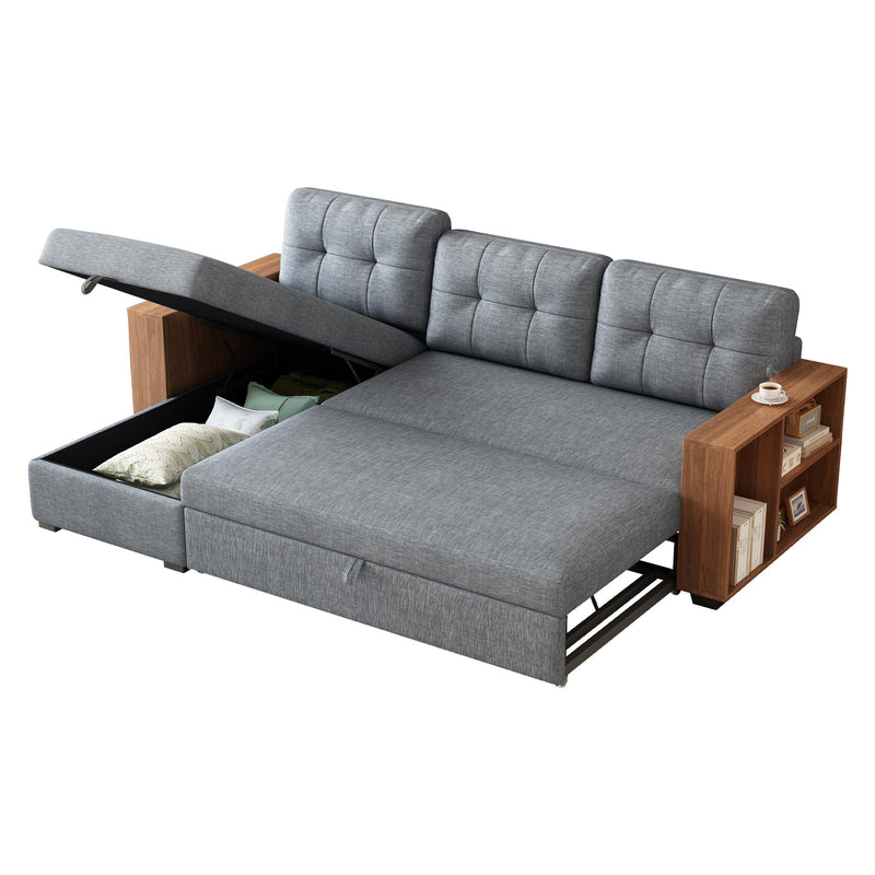 Walker Edison | Linen Pull Out Sectional Sofa with Storage Chaise