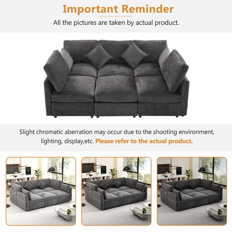 85.4' Sectional Sofa Modular Sofa U-shaped Sofa Couch Sofa Bed L-shaped Sofa with a Movable Ottoman and Two USB Ports for Living Room, Black