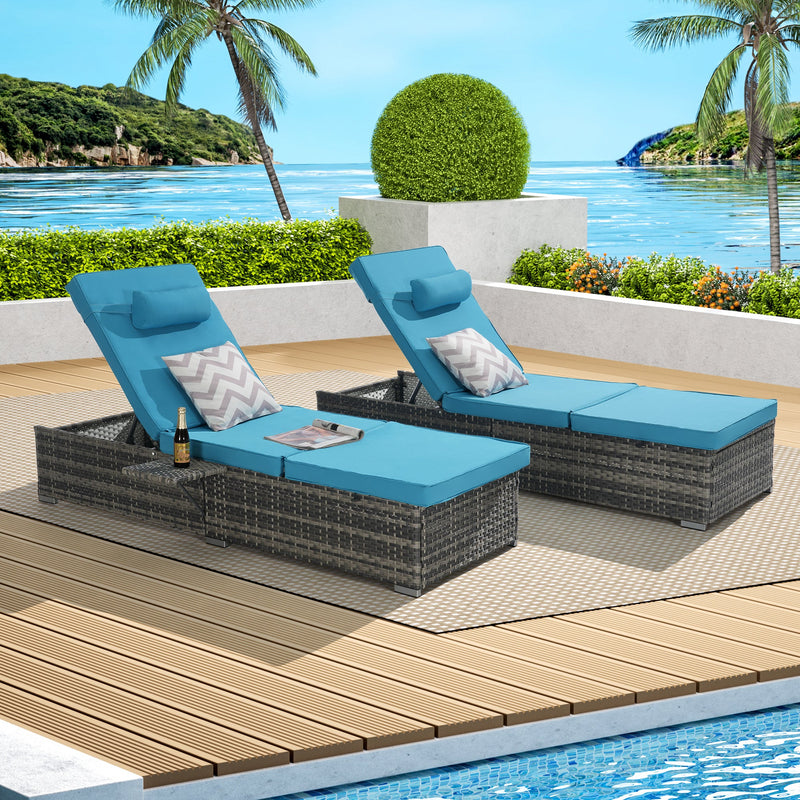 Outdoor Chaise Lounge Chair Set of 2 with Storage Patio Pool Chairs Tanning Lounges for Outside,Beach Rattan Recliners with Adjustable Backrest, Table, Cushion for Poolside Backyard Garden