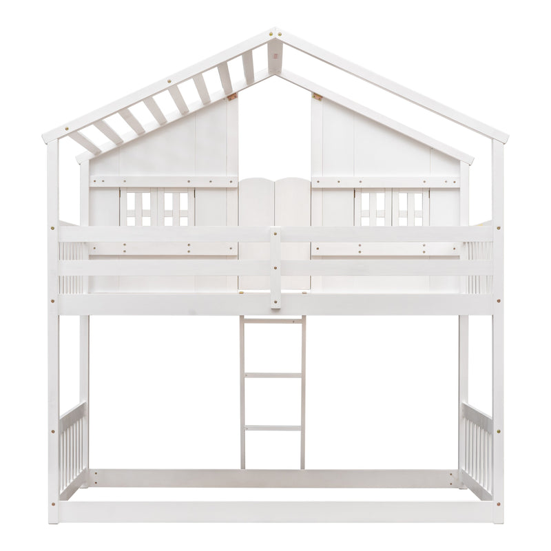 Twin over Twin House Bunk Bed with Roof, Window, Window Box, Door, with Safety Guardrails and Ladder, White