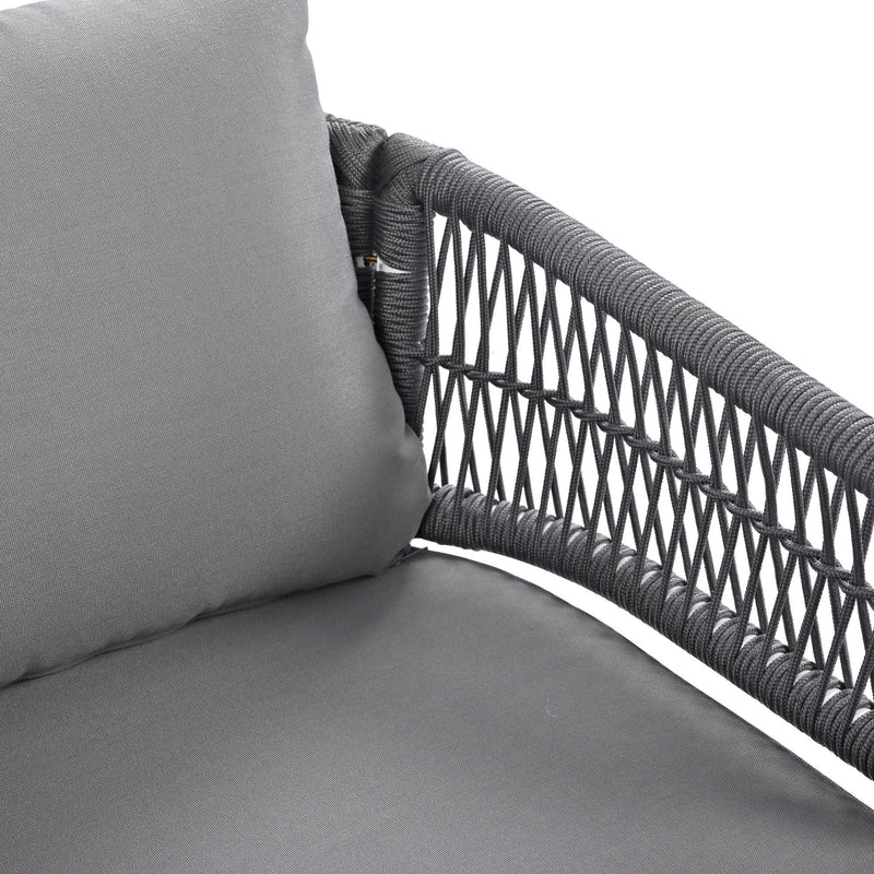 4-Piece Boho Rope Patio Furniture Set, Outdoor Furniture with Acacia Wood Table, Patio Conversation Set with Deep Seating & Thick Cushion for Backyard Porch Balcony, Grey