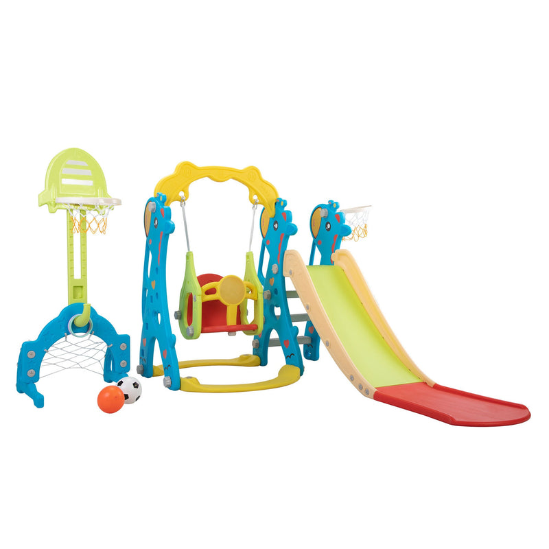 5 in 1 Slide and Swing Playing Set, Toddler Extra-Long Slide with 2 Basketball Hoops, Football, Ringtoss, Indoor Outdoor