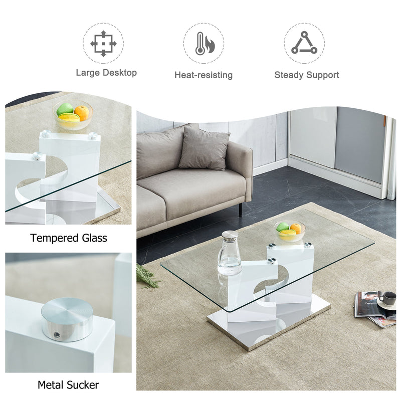 A rectangular modern and fashionable coffee table with tempered glass tabletop and white MDF legs. Suitable for living room.47.2"x25.5"x18"
