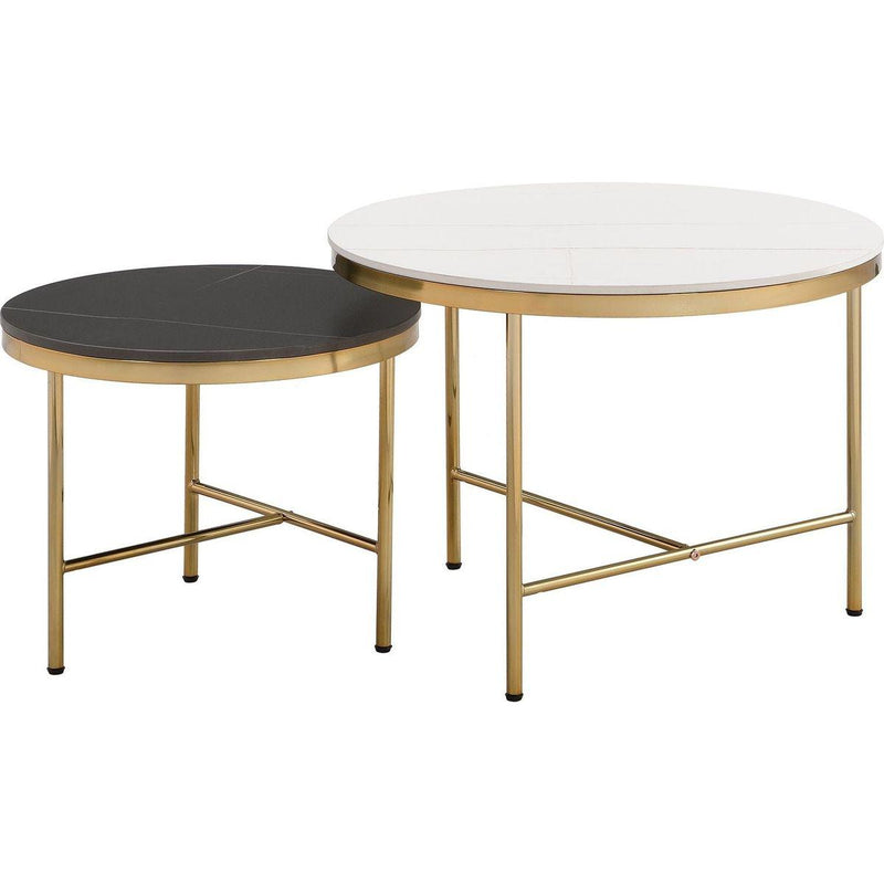 Modern Round Nesting Coffee Table Set 2-Piece Black & White Sintered Stone Top Gold Base in 23.6"&17.7"