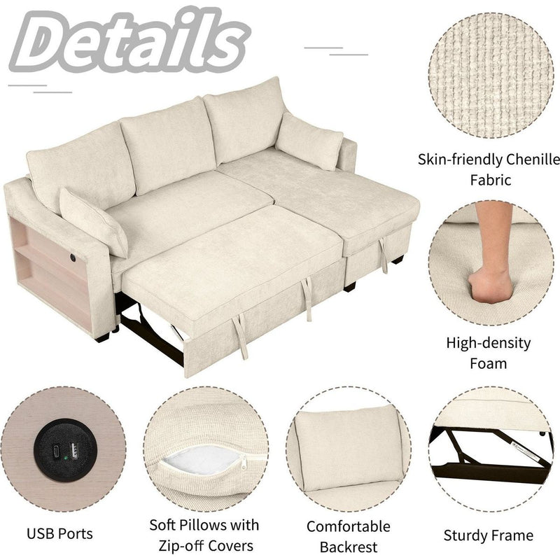 90" Pull Out Sleeper Sofa L-Shaped Couch Convertible Sofa Bed with Storage Chaise, Storage Racks and USB Ports (SG001340AA), Beige