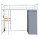 Loft Bed With Desk, Shelves, Power Outlet, LED Light And Wardrobe