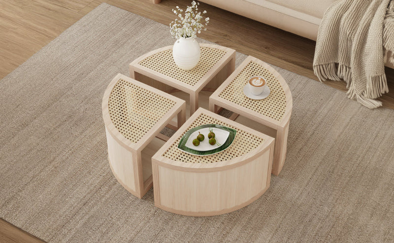 Walker Edison - Round to Square Block Modular Coffee Table Light Natural Rattan with Storage 4 Piece