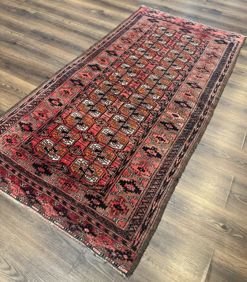 Antique Turkoman Rug 3.7 x 6.7, Red, Wool Runner Rug