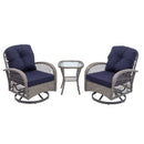 3 Pieces Outdoor Swivel Rocker Patio Chairs, 360 Degree Rocking Patio Conversation Set with Thickened Cushions and Glass Coffee Table for Backyard, Navy blue