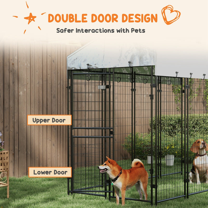 7.8' x 6' Dog Kennel Outdoor with Waterproof Cover, Dog Playpen for Extra Large Dogs with Two Part Door Design, Silver