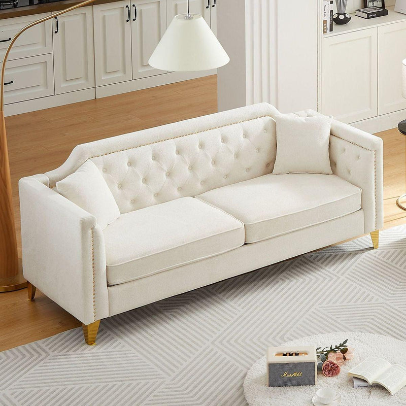 81"Mid-century design modern sofa,Chenille Pull Buckle Design Sofa for Living Room,Buttons Tufted With Copper Nail Decoration Armrest, with 2 Pillows,Modern Couch Upholstered Button And Metal Leg