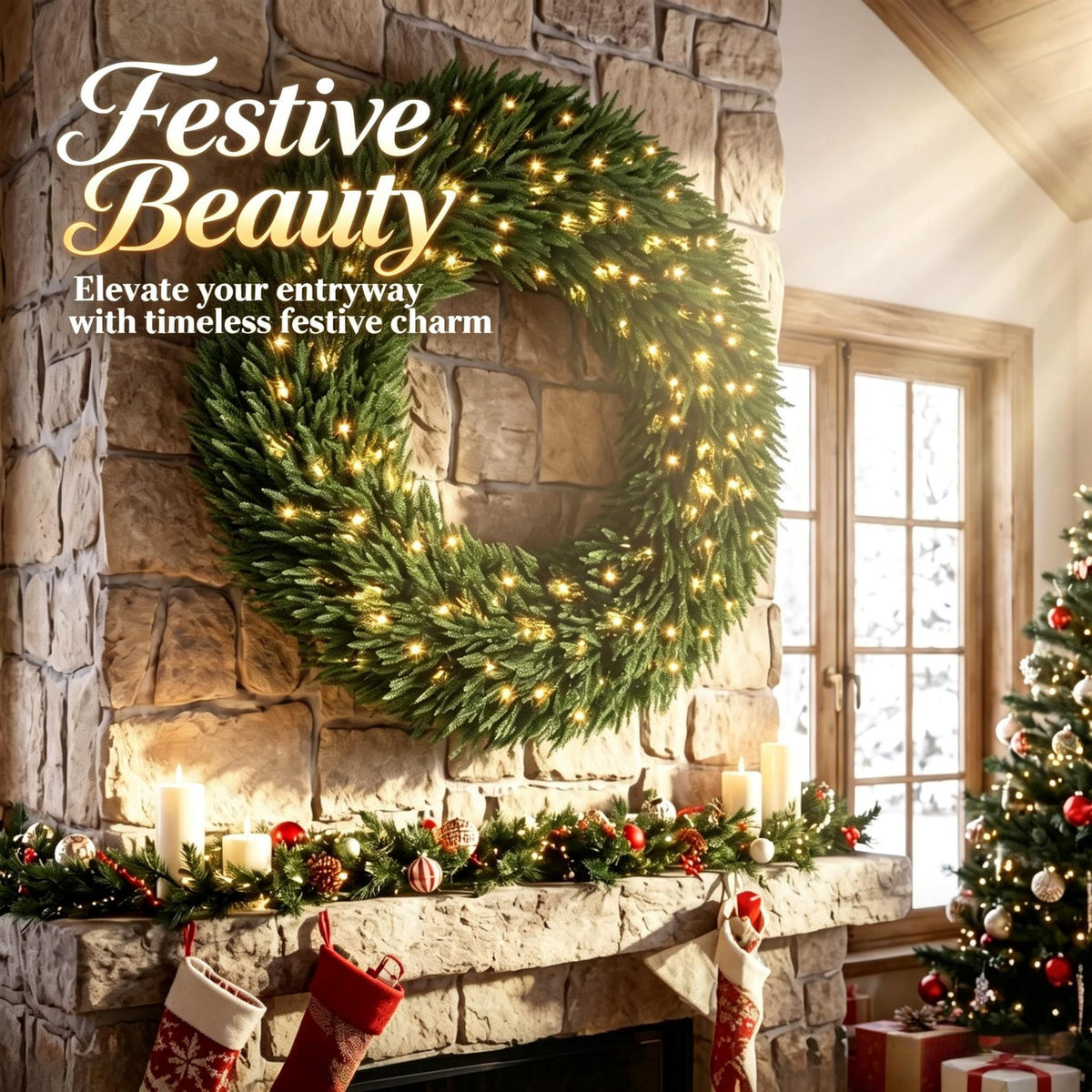 48 In Artificial Norfolk Pine Christmas Wreath, Pre-Lit, photo 4 of 10