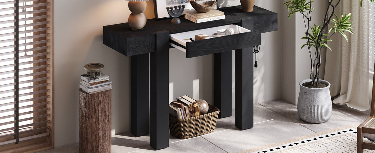 TREXM Rustic Minimalist Console Table with Hidden Drawer, Side Power Outlet, photo 4 of 10