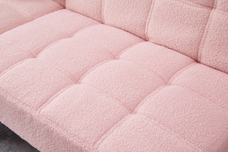 71" Convertible sofa bed futon with gold metal legs teddy fabric (Pink)