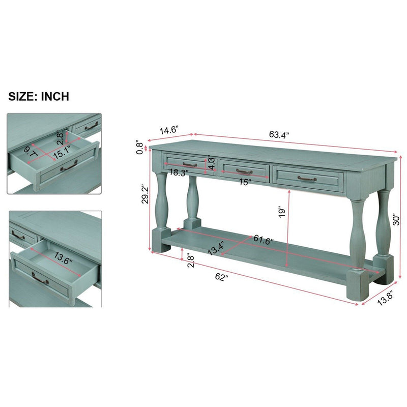 63inch Long Wood Console Table with 3 Drawers and 1 Bottom Shelf for Entryway Hallway Easy Assembly Extra-thick Sofa Table (Retro Blue)