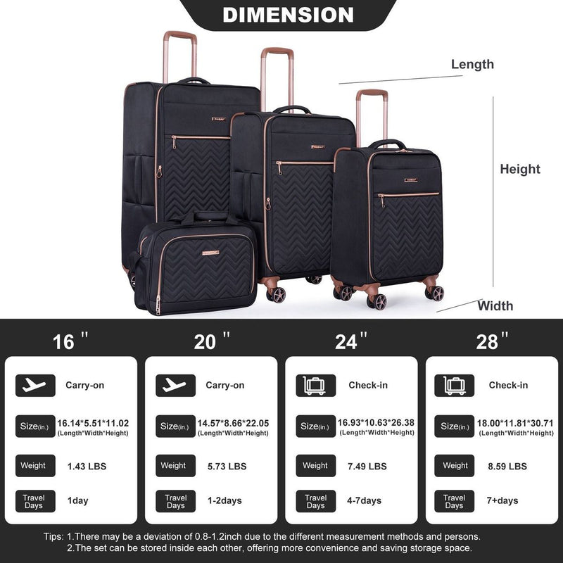 4-Piece Set (16/20/24/28), Softshell Suitcase Spinner Wheels Terylene Luggage Sets Carry On Suitcase Luggage Lightweight Durable Suitcase Black