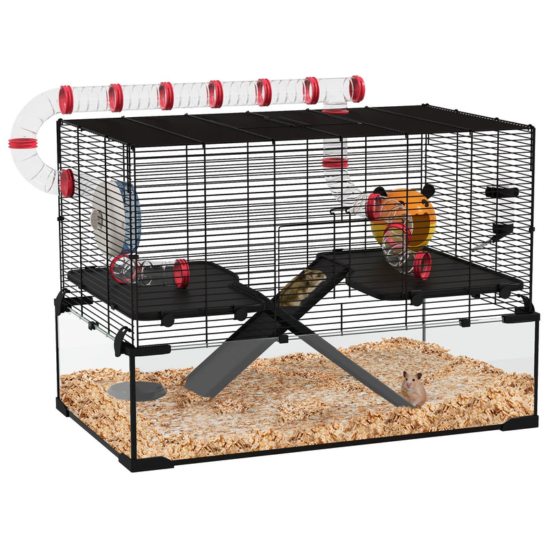31" Extra Large Hamster Cage with Tube Tunnel, Small Animal Cage for Dwarf Hamster, Rat, Gerbil Cage with Deep Glass Bottom, Water Bottle, Food Dish, Exercise Wheel, Ramps