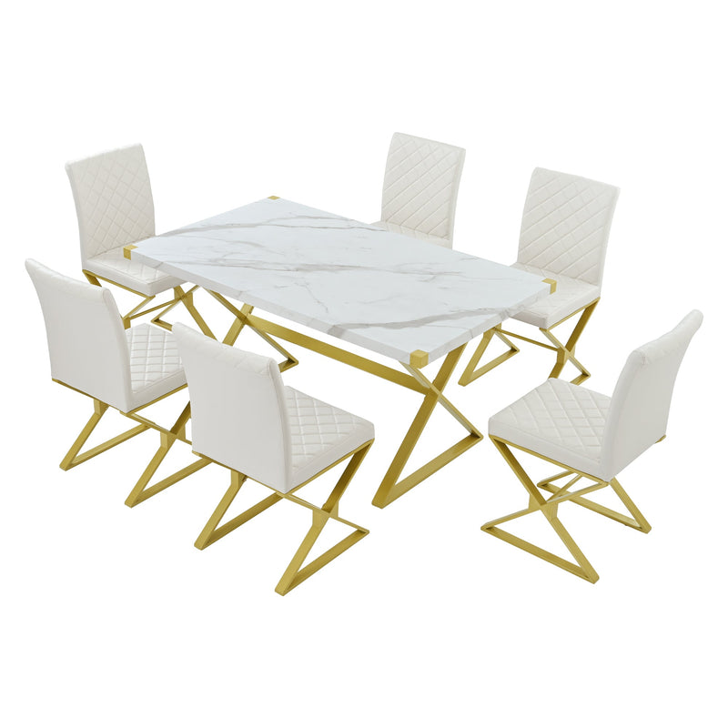 7-Piece Modern Dining Table Set, Rectangular Marble Texture Kitchen Table and 6 PU leather Chairs with X-Shaped Gold Steel Pipe Legs for Dining Room (White)