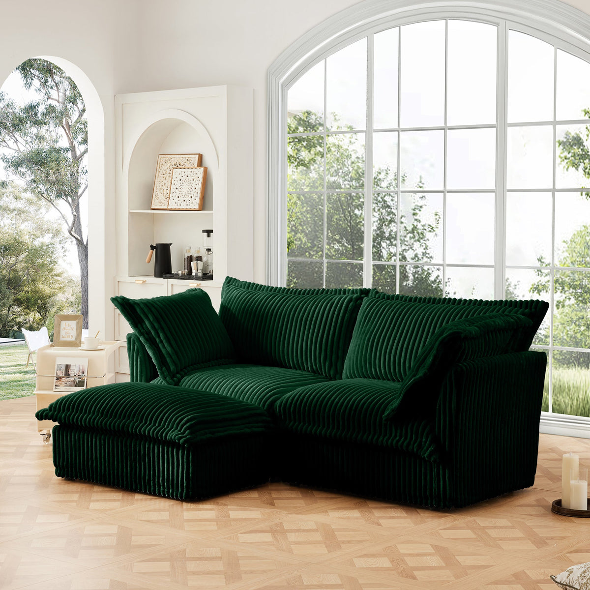 Slipcovered Sectional 2 Seater Sofa Couch with Convertible Ottoman, photo 3 of 9