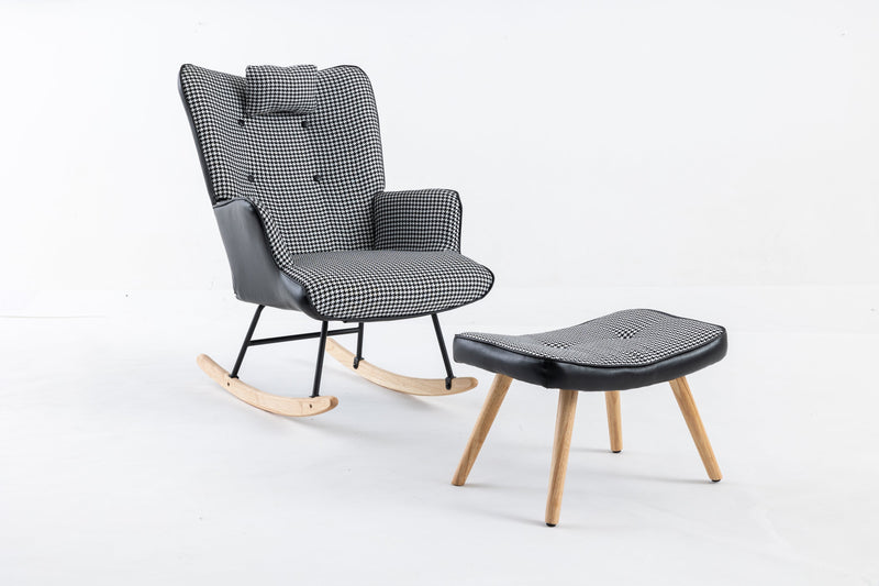 35.5 inch Rocking Chair with Footrest, Soft Houndstooth Fabric Leather Fabric Rocking Chair for Nursery, Comfy Wingback Glider Rocker with Safe Solid Wood Base for Living Room Bedroom Balcony (black)