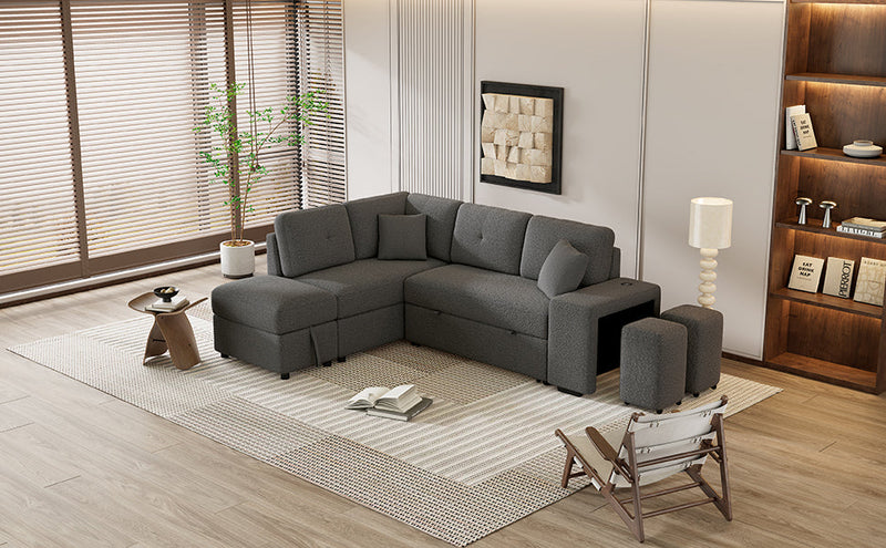 87.7" Convertible Sleeper, Sectional Pull Out Sofa Bed with Storage Ottoman, 2 Throw Pillows, 2 Stools, Wireless Charger and Two Hidden USB Ports for Living Room, Dark Gray