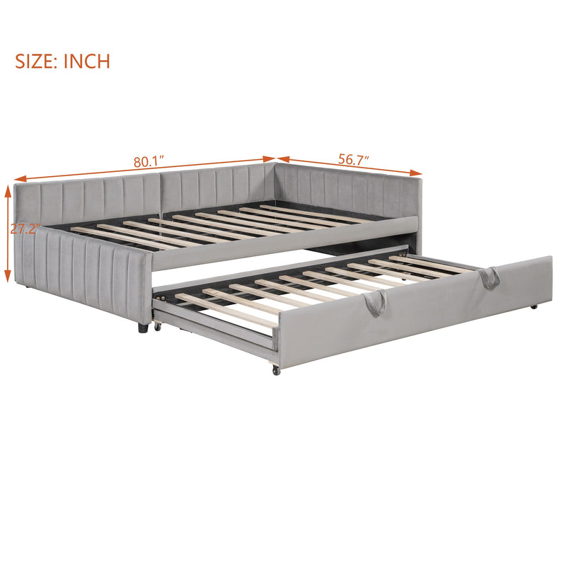 Full Size Upholstered L-Shaped Upholstered Daybed with Twin
Size Pop Up Trundle, Gray