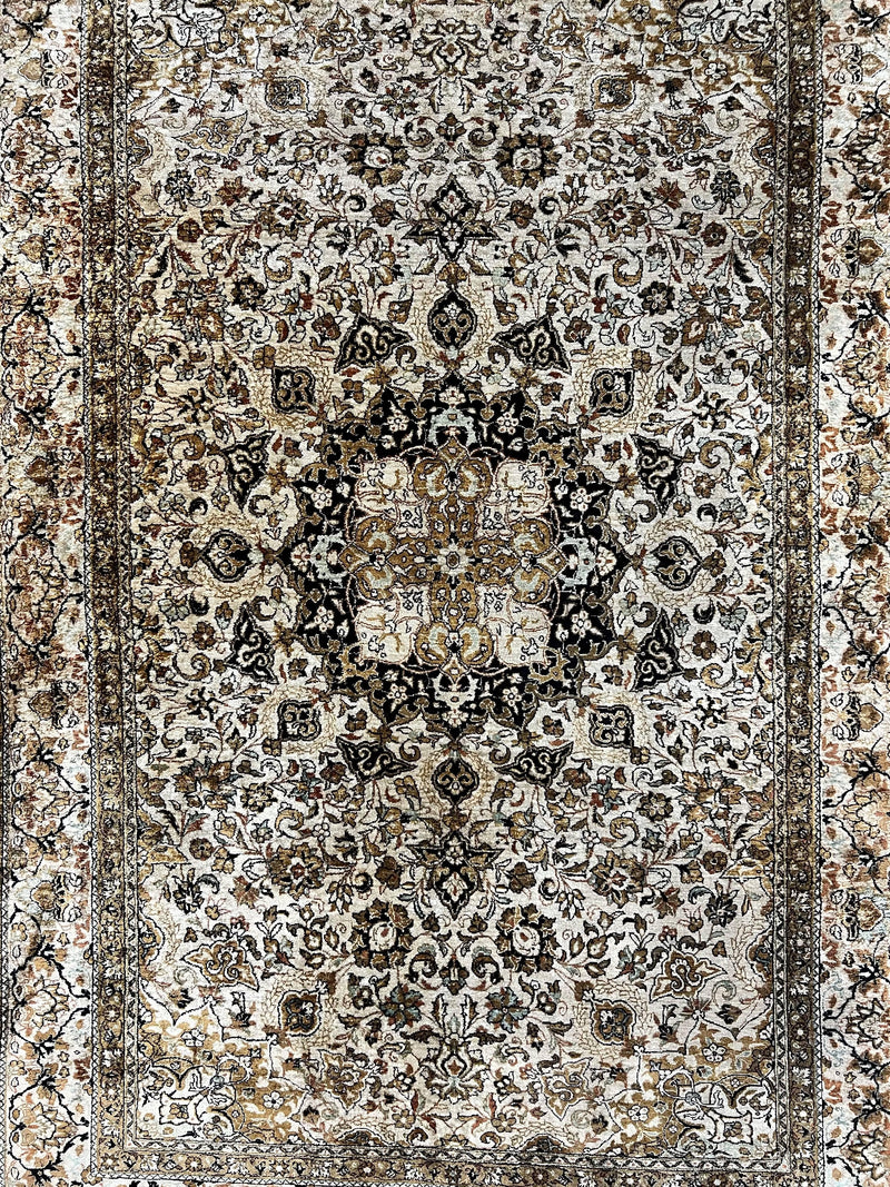 Persian Qum Silk Rug, Floral Medallion, Very Fine 60 Raj 475 KPSI, Handmade Hand Knotted Oriental Carpet, Silk on Silk