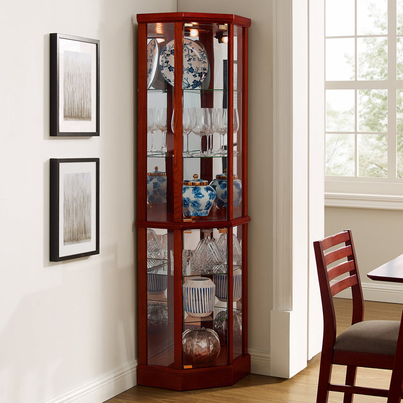 6 Shelf Lighted Corner Curio Cabinet with Adjustable Tempered Glass Shelves and Mirror Back, Cherry
