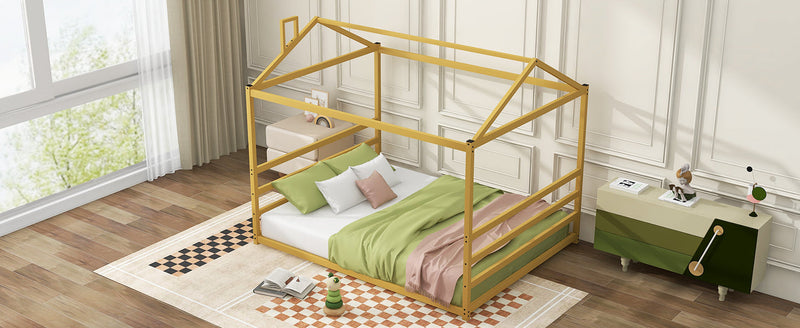Metal House Shape Platform Bed, Gold, Queen