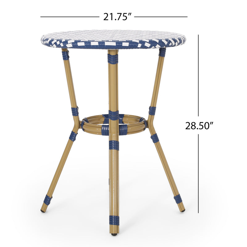 Walker Edison - Outdoor Aluminum 3 Piece French Bistro Set, Navy Blue, White, with Bamboo Finish