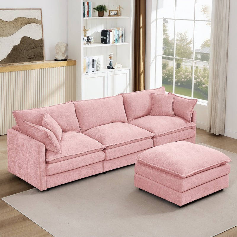 Contemporary Modular Sectional Sofa L Shaped 3-Seater with Movable Ottoman in Pink Chenille, 105 Inch