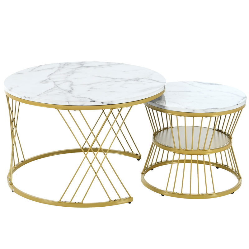 27.5" & 17.7" Nesting Coffee Table with Marble Grain Table Top, Golden Iron Frame Round Coffee Table, Set of 2, for Living Room, Balcony, White