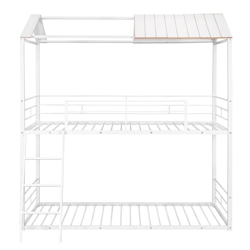 Twin Over Twin Bunk Bed Metal Bed with Half Roof, Guardrail and Ladder White