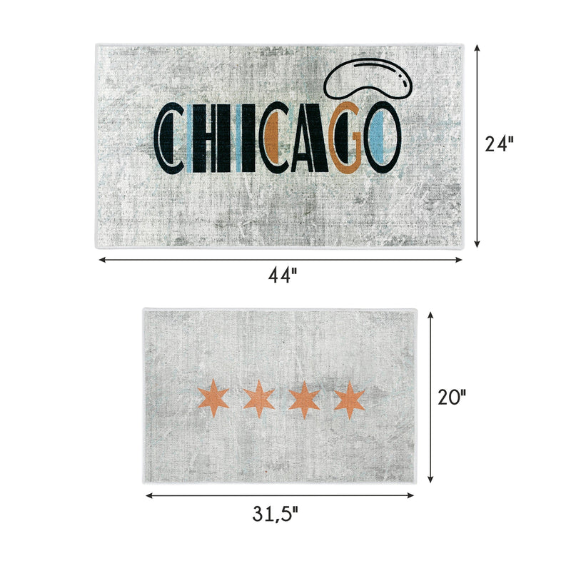 US States Chicago Design Non Skid Washable Kitchen Runner Rugs Set of 2| 44 x 24 and 31.5 x 20 Inches Floor Mats|Ivory