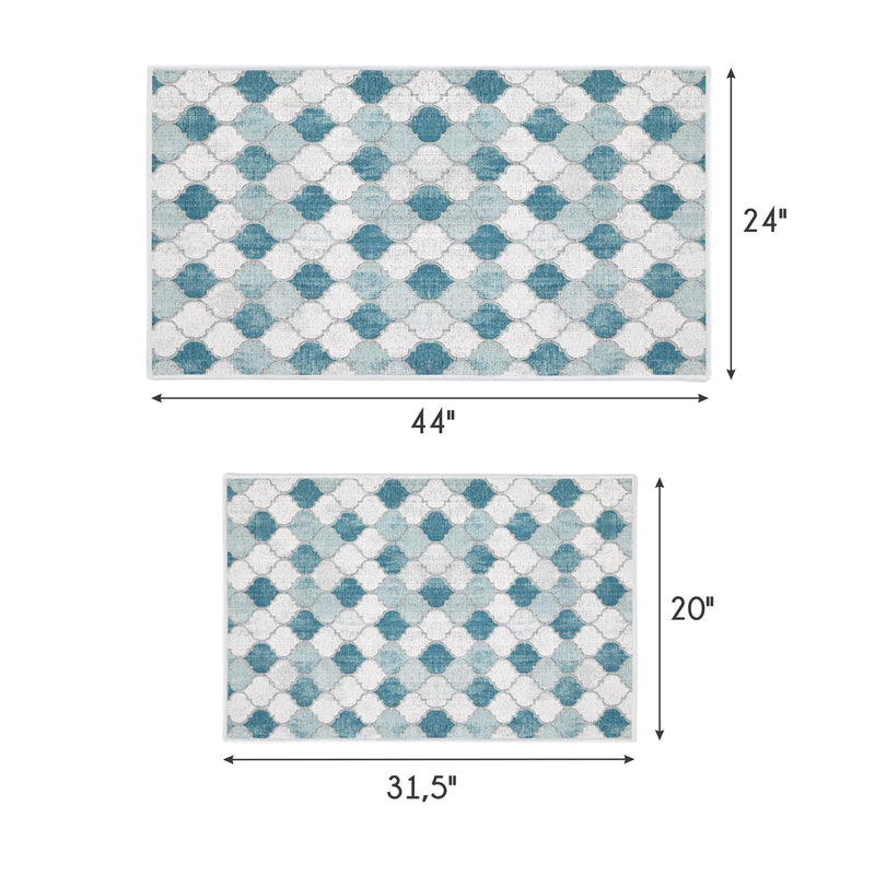Moroccan Design Non Skid Washable Kitchen Runner Rugs Set of 2| 44 x 24 and 31.5 x 20 Inches Floor Mats |Gray&Blue