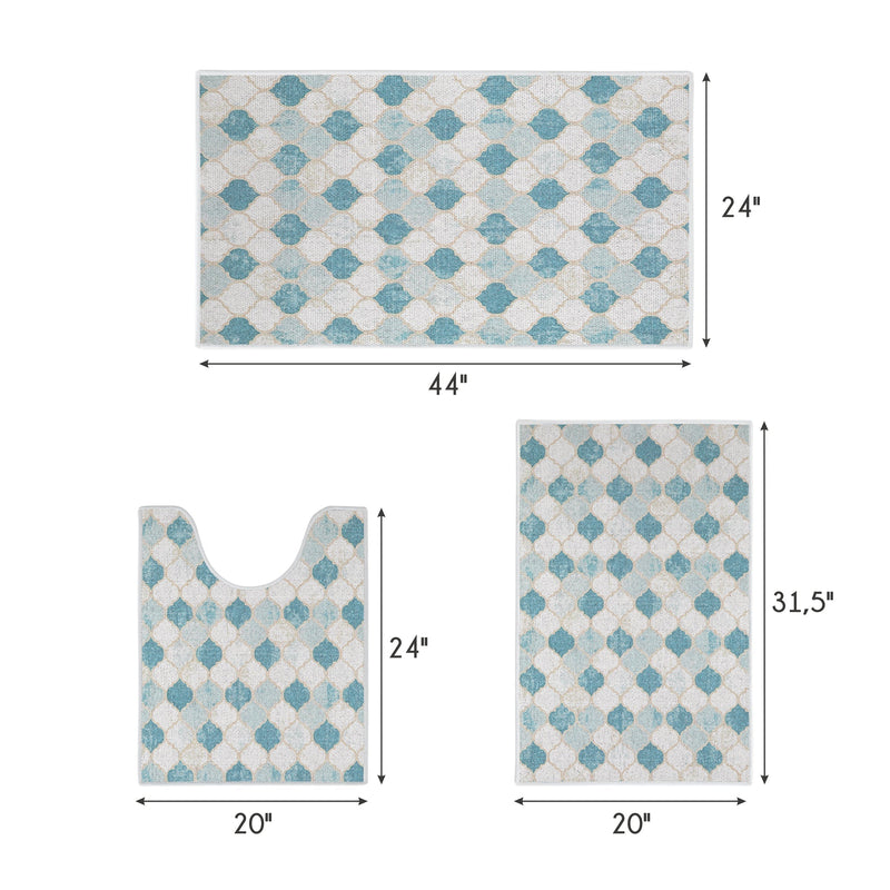 Moroccan Design 3 Piece Bathroom Rugs Set |Beige&Blue